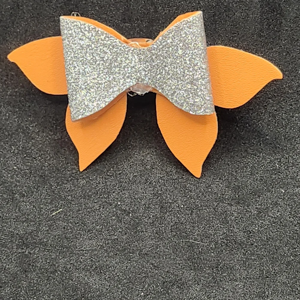 Hand Crafted Sparkling Silver and Orange Kids Hair Bow Faux Leather